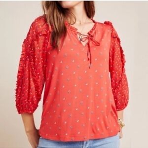 Anthropologie Maeve Red Ruffle Circle Pattern Jacquin Blouse XS Lace